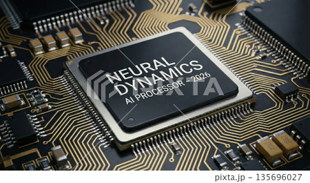 ニューラルネットワークに対応したAIチップと精密な電子部品が並ぶ先端技術の回路基板 135696027