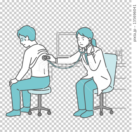 Illustration of a man with a cold sweat receiving a stethoscope on his back and a female doctor in a white coat with a serious expression Illustration of a man with a cold sweat receiving a stethoscope on his back and a female doctor in a white coat with a serious expression 135696041