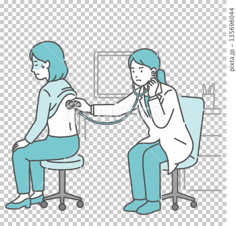 背中の聴診を受ける冷や汗をかいた女性と深刻な表情の白衣の女性医師のイラスト 135696044