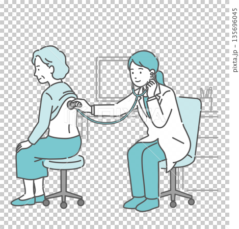 Illustration of a female doctor in a white coat auscultating and examining the back of an elderly woman (grandmother) Illustration of a female doctor in a white coat auscultating and examining the back of an elderly woman (grandmother) 135696045