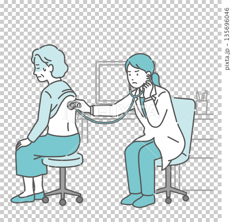 Illustration of an elderly woman with a cold sweat receiving a stethoscope on her back and a female doctor in a white coat with a serious expression Illustration of an elderly woman with a cold sweat receiving a stethoscope on her back and a female doctor in a white coat with a serious expression 135696046