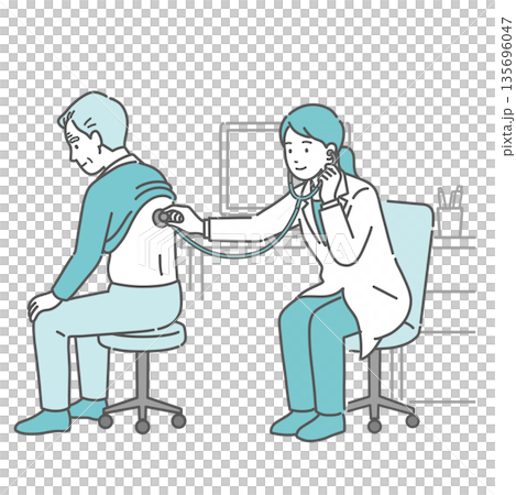 圖:一位身穿白大褂的女醫生正在聽診檢查一位老年男性(祖父)的背部。 圖:一位身穿白大褂的女醫生正在聽診檢查一位老年男性(祖父)的背部。 135696047