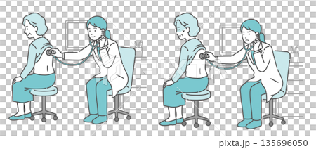白衣を着た女性医師による高齢女性（おばあちゃん）の背中の聴診イラストセット（正常・異常/体調不良） 135696050