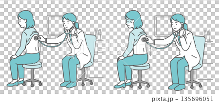 一組插圖，描繪了一位身穿白大褂的女醫生為一位女病人聽診背部的情況（正常、異常、不適）。 135696051