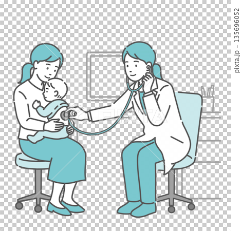 Illustration of a female doctor (pediatrician) wearing a white coat auscultating the backs of a baby and mother Illustration of a female doctor (pediatrician) wearing a white coat auscultating the backs of a baby and mother 135696052