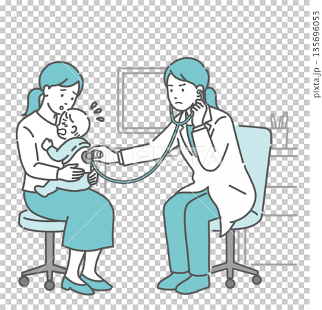 Illustration of a crying baby, a worried mother, and a female doctor receiving a back auscultation 135696053