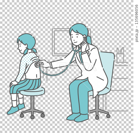 白衣を着た女性医師（小児科医）による女の子の背中の聴診・診察のイラスト 135696056