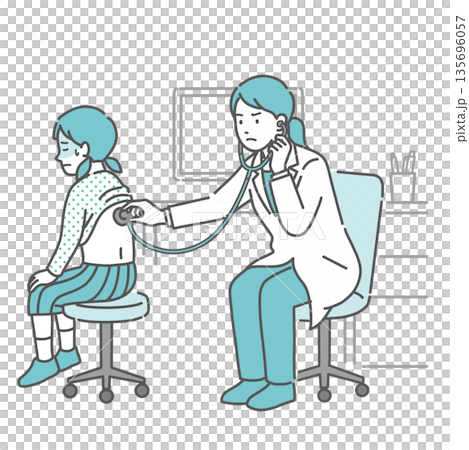 背中の聴診を受ける冷や汗をかいた女の子と深刻な表情の白衣の女性医師のイラスト 135696057