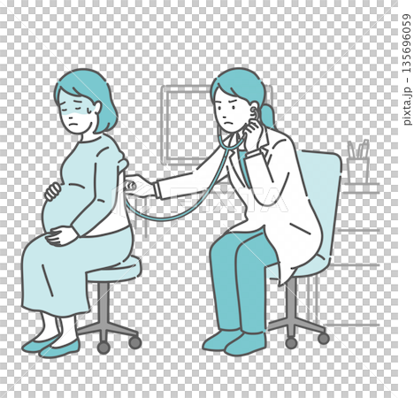 Illustration of a pregnant woman with a cold sweat receiving a stethoscope on her back and a female doctor in a white coat with a serious expression 135696059