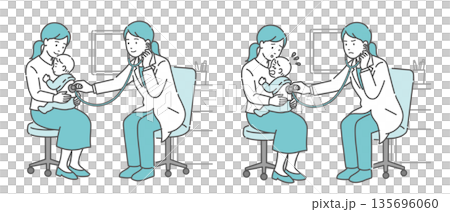 一組插圖，描繪了一位身穿白大褂的女醫生（兒科醫生）為嬰兒背部聽診（正常、異常、不適） 135696060