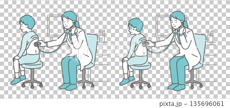 一組插圖,描繪了一位身穿白大褂的女醫生為一名男孩聽診背部(正常、異常、不適) 一組插圖,描繪了一位身穿白大褂的女醫生為一名男孩聽診背部(正常、異常、不適) 135696061