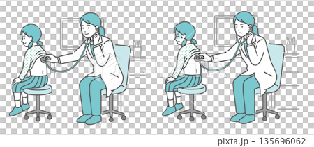 Illustration set of auscultation of a girl's back by a female doctor in a white coat (normal, abnormal, unwell) 135696062
