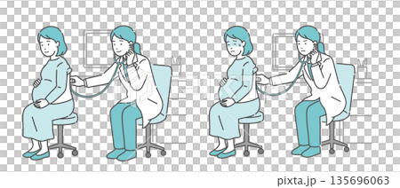 一組插圖，描繪了一位身穿白大褂的女醫生為孕婦聽診背部（正常、異常、不適） 135696063