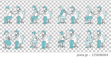 Illustration set of auscultation and examination of the back by a female doctor in a white coat (all ages, men and women, pregnant women/8 types) Illustration set of auscultation and examination of the back by a female doctor in a white coat (all ages, men and women, pregnant women/8 types) 135696064