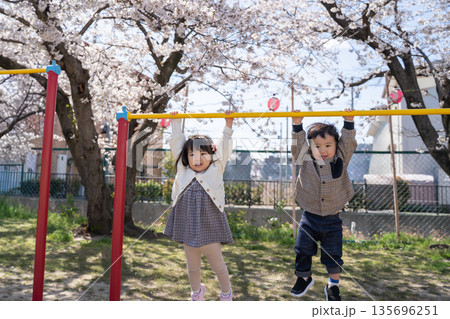桜の下で鉄棒にぶら下がる子供達 135696251