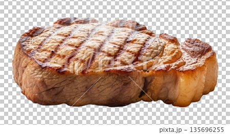 Juicy Grilled Beef Steak with Perfect Char Marks isolated on transparent background. Juicy Grilled Beef Steak with Perfect Char Marks isolated on transparent background. 135696255