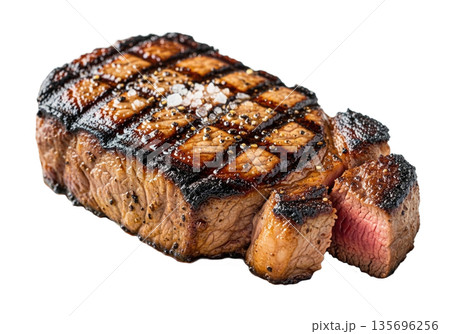 Juicy Grilled Beef Steak with Perfect Char Marks isolated on transparent background. Juicy Grilled Beef Steak with Perfect Char Marks isolated on transparent background. 135696256