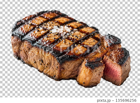 Juicy Grilled Beef Steak with Perfect Char Marks isolated on transparent background. Juicy Grilled Beef Steak with Perfect Char Marks isolated on transparent background. 135696256