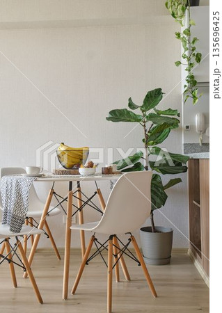 Modern dining room interior featuring minimalist design and plants 135696425