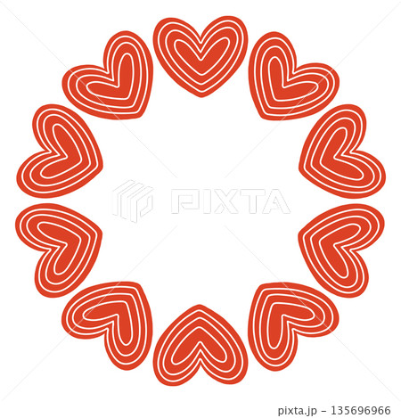Whimsical vector illustration of a circular frame made of decorative folk style hearts. Cute hand drawn doodle design in red and white, perfect for Valentines Day cards, invitations, posters. 135696966
