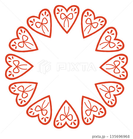 Whimsical vector illustration of a circular frame made of decorative folk style hearts. Cute hand drawn doodle design in red and white, perfect for Valentines Day cards, invitations, posters. 135696968