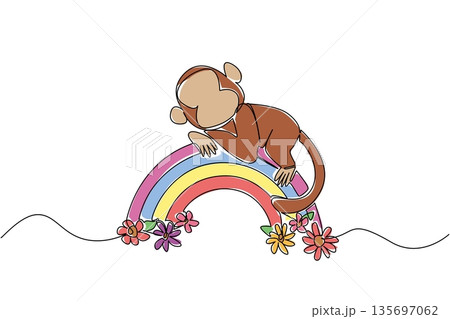 Single line drawing nature concept for cute jungle animal theme, depicting a monkey sleeping across a rainbow with flowers, perfect for children decor and International Day of Happiness party 135697062