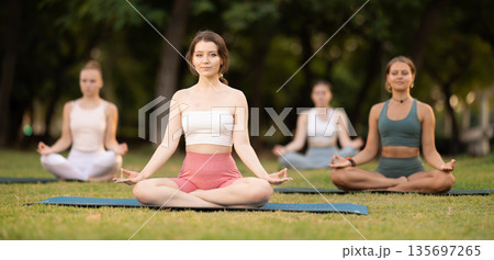 Group of young women doing yoga in lotus pose Group of young women doing yoga in lotus pose 135697265