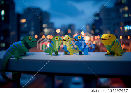 都会の中のカメレオンくん（ペーパークラフト・3D） 135697477