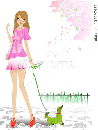 ペットと散歩する女の子と桜の花 ペットと散歩する女の子と桜の花 135697481
