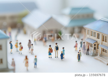 学校へ通う子どもと親のやさしい日常風景 3Dイラスト 135697678