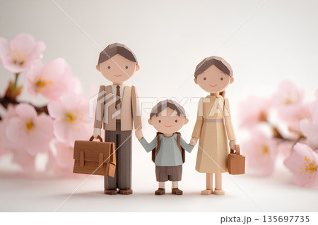 桜の花に包まれた家族の春 入学・入園・卒業・卒園の3Dイラスト 桜の花に包まれた家族の春 入学・入園・卒業・卒園の3Dイラスト 135697735