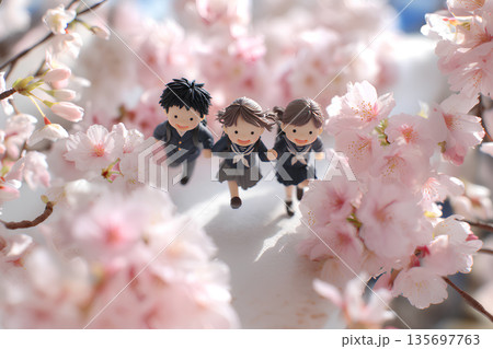 桜の花に包まれた家族の春 入学・入園・卒業・卒園の3Dイラスト 135697763