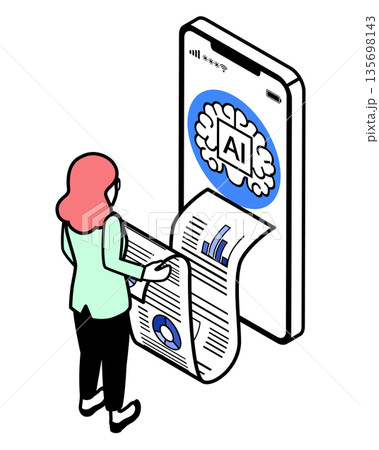 AIデータをスマートフォンから出力し分析する若い女性起業家　アイソメトリック 135698143