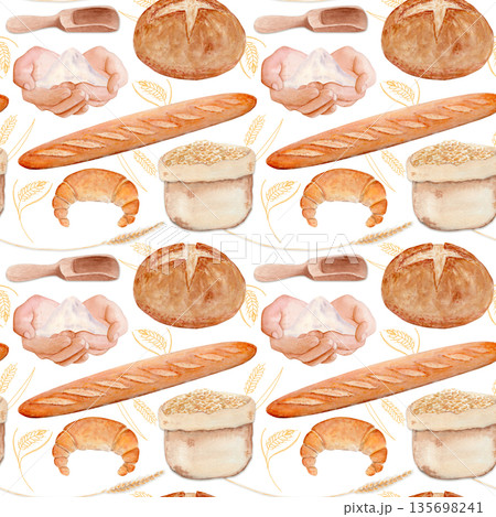 Baguettes, round bread, wheat grains, flour sack. Seamless watercolor pattern isolated on white with perfect for bakery packaging, kitchen textiles, menu design, wrapping paper, rustic food branding 135698241