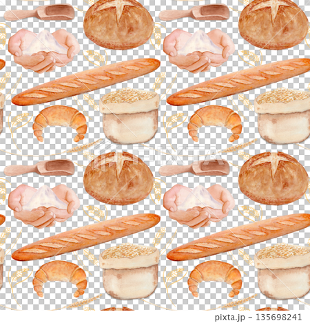 Baguettes, round bread, wheat grains, flour sack. Seamless watercolor pattern isolated on white with perfect for bakery packaging, kitchen textiles, menu design, wrapping paper, rustic food branding 135698241
