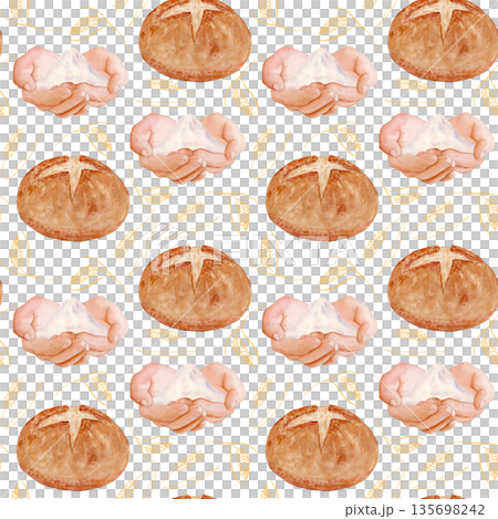 Bread, flour in cupped hands, golden wheat elements watercolor seamless pattern on a white background. Natural bakery theme, warm tones, ideal for packaging, branding, menus, and artisan food projects Bread, flour in cupped hands, golden wheat elements watercolor seamless pattern on a white background. Natural bakery theme, warm tones, ideal for packaging, branding, menus, and artisan food projects 135698242