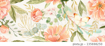 Delicate peonies in soft peach tones watercolor seamless pattern on beige. Hand-painted with high detail, perfect for wedding invitations, branding, packaging, fabric design, cards. Gold, green leaves Delicate peonies in soft peach tones watercolor seamless pattern on beige. Hand-painted with high detail, perfect for wedding invitations, branding, packaging, fabric design, cards. Gold, green leaves 135698250