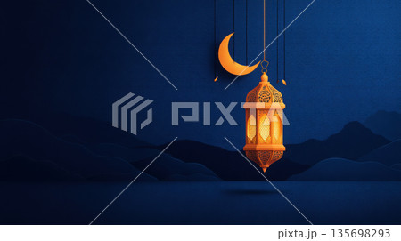 glowing lantern hangs against deep blue night sky with crescent moon, creating serene and festive atmosphere. intricate design of lantern adds element of elegance and tradition, perfect for glowing lantern hangs against deep blue night sky with crescent moon, creating serene and festive atmosphere. intricate design of lantern adds element of elegance and tradition, perfect for 135698293