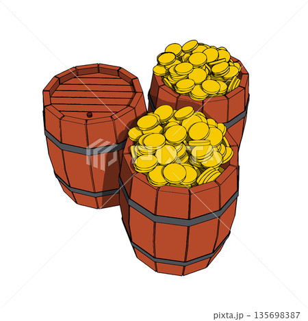 Two Wooden Old Vintage filled by Gold Coins and One Closed Barrels. Vector Illustration. Two Wooden Old Vintage filled by Gold Coins and One Closed Barrels. Vector Illustration. 135698387