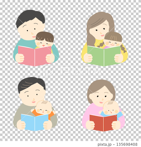 Illustration set of parents and children reading picture books Illustration set of parents and children reading picture books 135698408