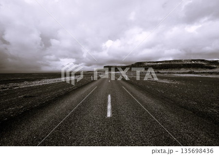 アイスランドの荒涼とした大地に続く一本道のモノクロ写真 曇り空と地平線が織りなす風景 135698436