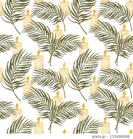 Palm leaf and candle seamless pattern, hand-painted watercolor in soft olive and ivory tones, calm religious composition for Palm Sunday, Easter designs, spiritual branding, packaging, backgrounds art 135698806