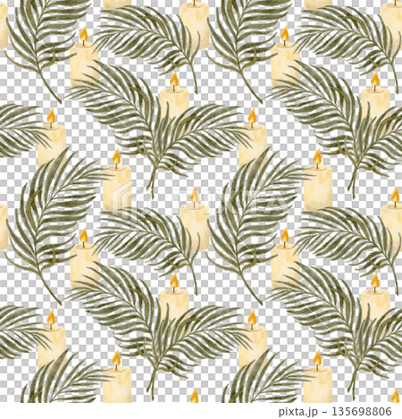 Palm leaf and candle seamless pattern, hand-painted watercolor in soft olive and ivory tones, calm religious composition for Palm Sunday, Easter designs, spiritual branding, packaging, backgrounds art 135698806