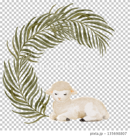Watercolor illustration of lamb with palm leaves isolated on white background, hand-painted in soft natural tones, Christian Easter and Palm Sunday design for invitations, church decor, cards, prints Watercolor illustration of lamb with palm leaves isolated on white background, hand-painted in soft natural tones, Christian Easter and Palm Sunday design for invitations, church decor, cards, prints 135698807