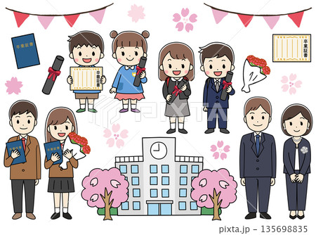 学生と子供達・家族の卒業関連イラストセット 135698835