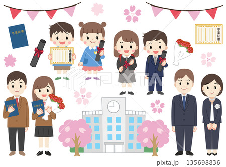 学生と子供達・家族の卒業関連イラストセット 学生と子供達・家族の卒業関連イラストセット 135698836