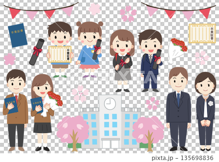 学生と子供達・家族の卒業関連イラストセット 学生と子供達・家族の卒業関連イラストセット 135698836