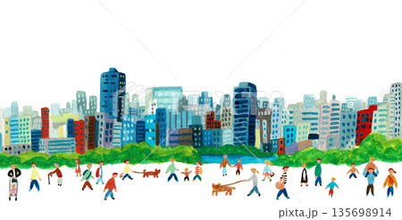 手描き水彩イラスト　都市の公園に集まる人々 135698914