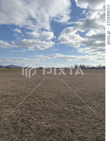 冬の原っぱと澄んだ青空の風景 135699031