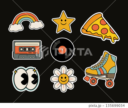 Playful Sticker Set Featuring Rainbow, Star, Pizza, Cassette, Vinyl, Eyes, Daisy and Roller Skate. Retro Groovy sticker collection 135699034